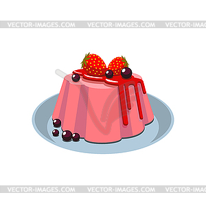 Panna cotta strawberry pudding on plate - vector clip art