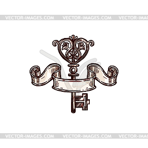 Heraldic old key wrapped by paper ribbon - vector clipart