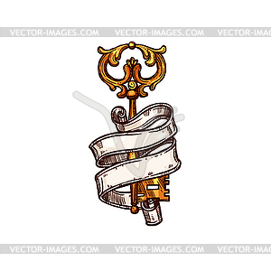 Heraldic old key wrapped by paper ribbon - vector image