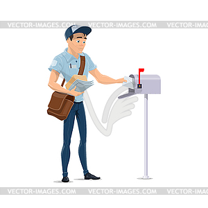 Postman put letters into postbox - vector image