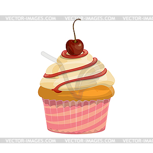 Homemade cupcake with cherry and cream - vector clipart