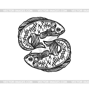 Golden fishes, Buddhism religion symbol sketch - vector clipart