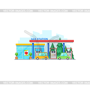 Petrol filling station with mini supermarket - color vector clipart