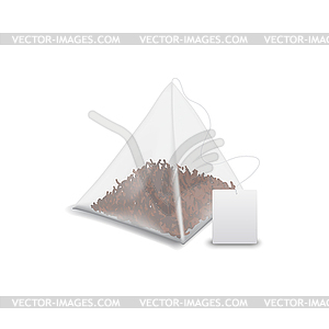 Pyramid tea bag with black tea, blank tag - vector clipart