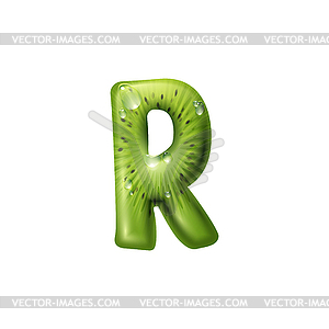 Letter R of exotic kiwi summer fruit with drops - vector clip art