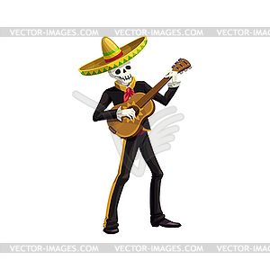 Mexican mariachi, dead skeleton playing on guitar - vector clipart
