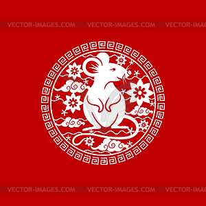 Chinese New Year symbol rat and flowers on coin - vector image