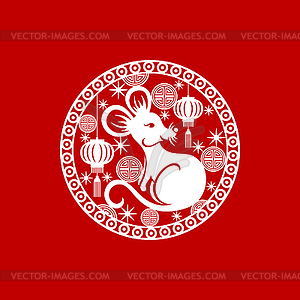 Chinese New Year symbol rat and flowers on coin - vector clipart