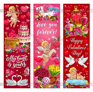 День Святого Валентина любовь сердца, цветы и ангелы - векторизованное изображение клипарта