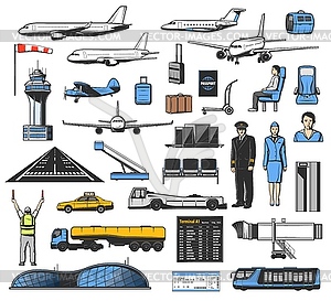 Airplane, aviation, airport, pilot, luggage icons - vector clipart