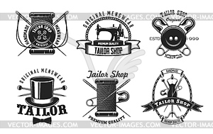 Tailor sewing machine, button and needle icons - vector image