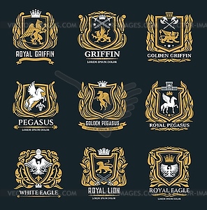 Griffin, eagle and pegasus golden heraldic icons - vector image