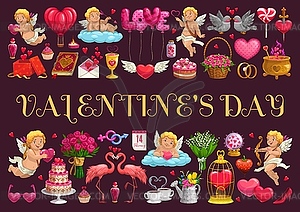 Valentines Day symbols and angels - vector clip art