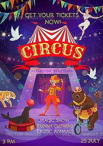 Big top circus magic show animals and clowns - vector clip art