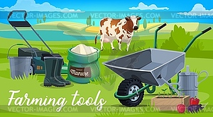 Farm tools, wheelbarrow, cow and veggies - vector clipart
