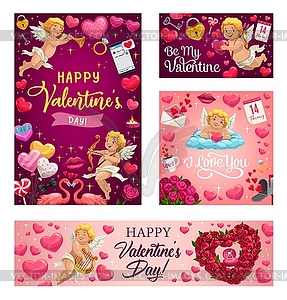 Valentines day love hearts, cupids and flowers - vector clip art