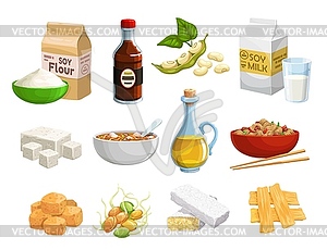 Natural organic soy food products and healthy meal - vector clipart