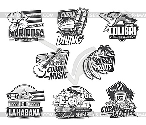 Cuba icons, Havana travel, culture and food - vector image