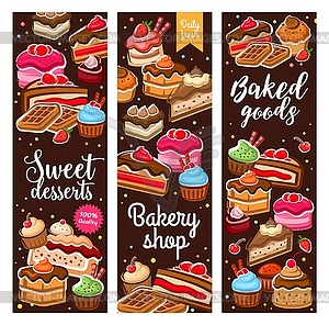 Sweet desserts, cakes and bakery pastry biscuits - vector clipart