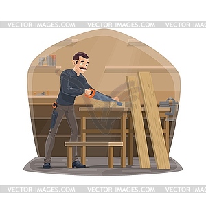 Carpenter man at work, carpentry woodwork tools - vector image