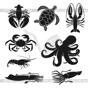 Seafood, octopus, turtle, shrimp and crustaceans - vector image