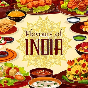 Indian cuisine food, traditional meals menu - vector clip art