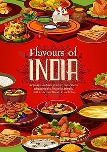 Indian cuisine food, menu or cooking recipe cover - vector image