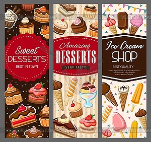 Sweet desserts, pastry cakes and bakery biscuits - vector image