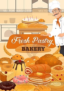 Bakery pastry sweets, bread, baker dessert cakes - vector clipart