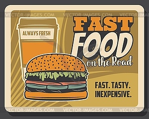 Fastfood on road bistro, cheeseburger, coffee - vector image