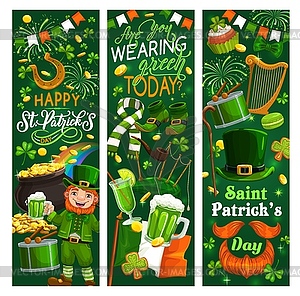 Patricks Day leprechaun, green shamrock and gold - color vector clipart