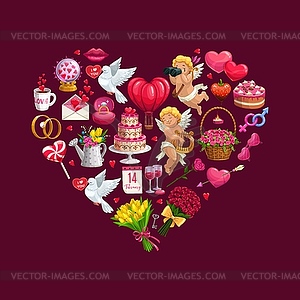 Сердце Дня святого Валентина подарки, цветы и амуров - клипарт
