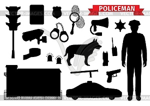 Policeman equipment, police silhouette icons - vector image