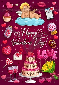 Greetings on Valentines day, passion love symbols - vector clipart