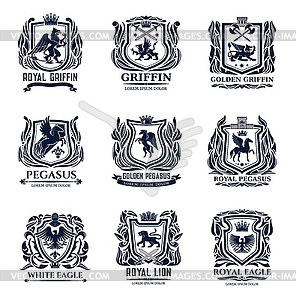 Lion, eagle, griffin and pegasus heraldic icons - vector clip art