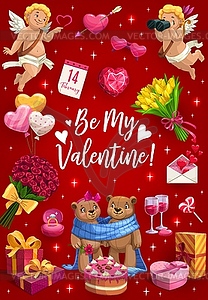 Be My Valentine, love hearts, cupids and flowers - vector image