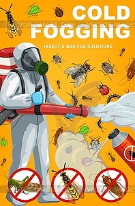 Pest control worker, pesticide spray and insects - vector clipart