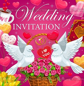 Wedding invitation with hearts, flowers and gifts - vector clipart