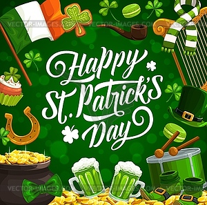 Shamrock, leprechaun hat and gold. Patricks Day - vector clip art