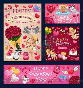 Valentines day love heart ballons, cupids, roses - royalty-free vector clipart