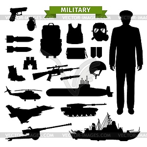 Military transport, gun, ammunition and officer - vector image