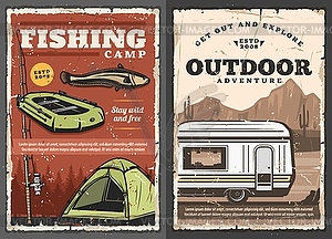 Outdoor adventure, fishery sport, camping van - vector clip art