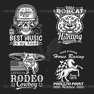 Print on t-shirt. Music, hunting, racing and rodeo - vector clipart
