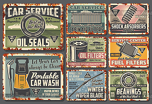 Car maintenance service, metal signs - color vector clipart