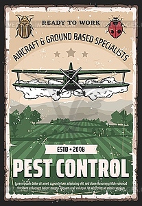 Biplane crop duster, pesticides and pest control - color vector clipart