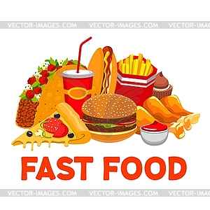Burger, cola, pizza, fries takeaway fastfood - vector image