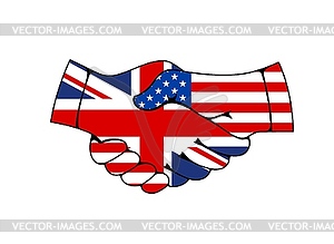 Great Britain and USA hand shake flags treaty - vector image