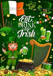 Leprechaun, gold, harp and Irish flag - vector image