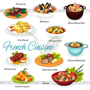 Fench meat and vegetable dishes, desserts - vector image