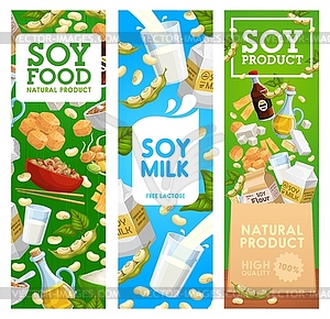 Soy beans, milk and oil, soybean sauce, miso, tofu - vector clipart